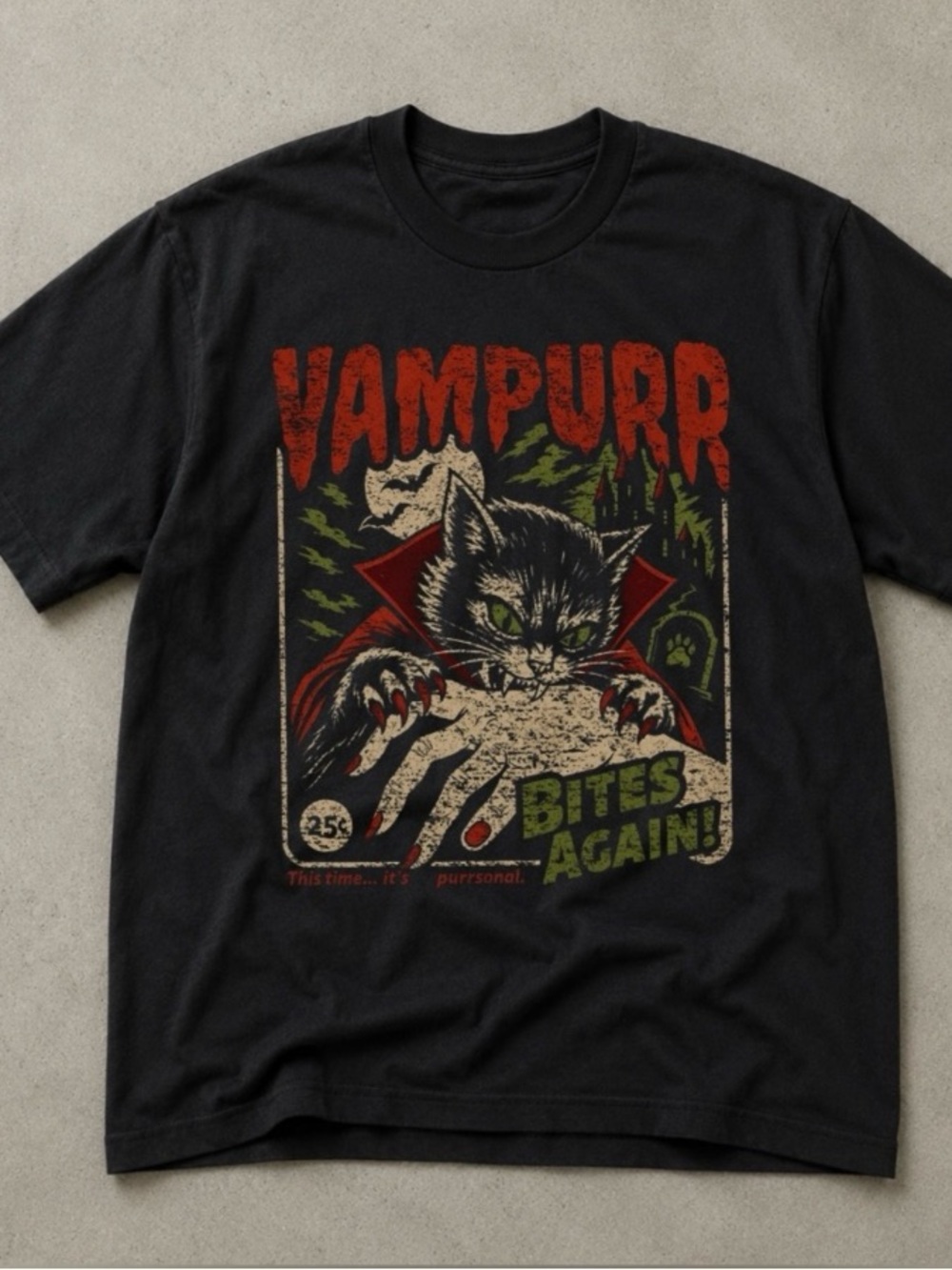 Black Vampurr Graphic Tee with Red and Green Accents